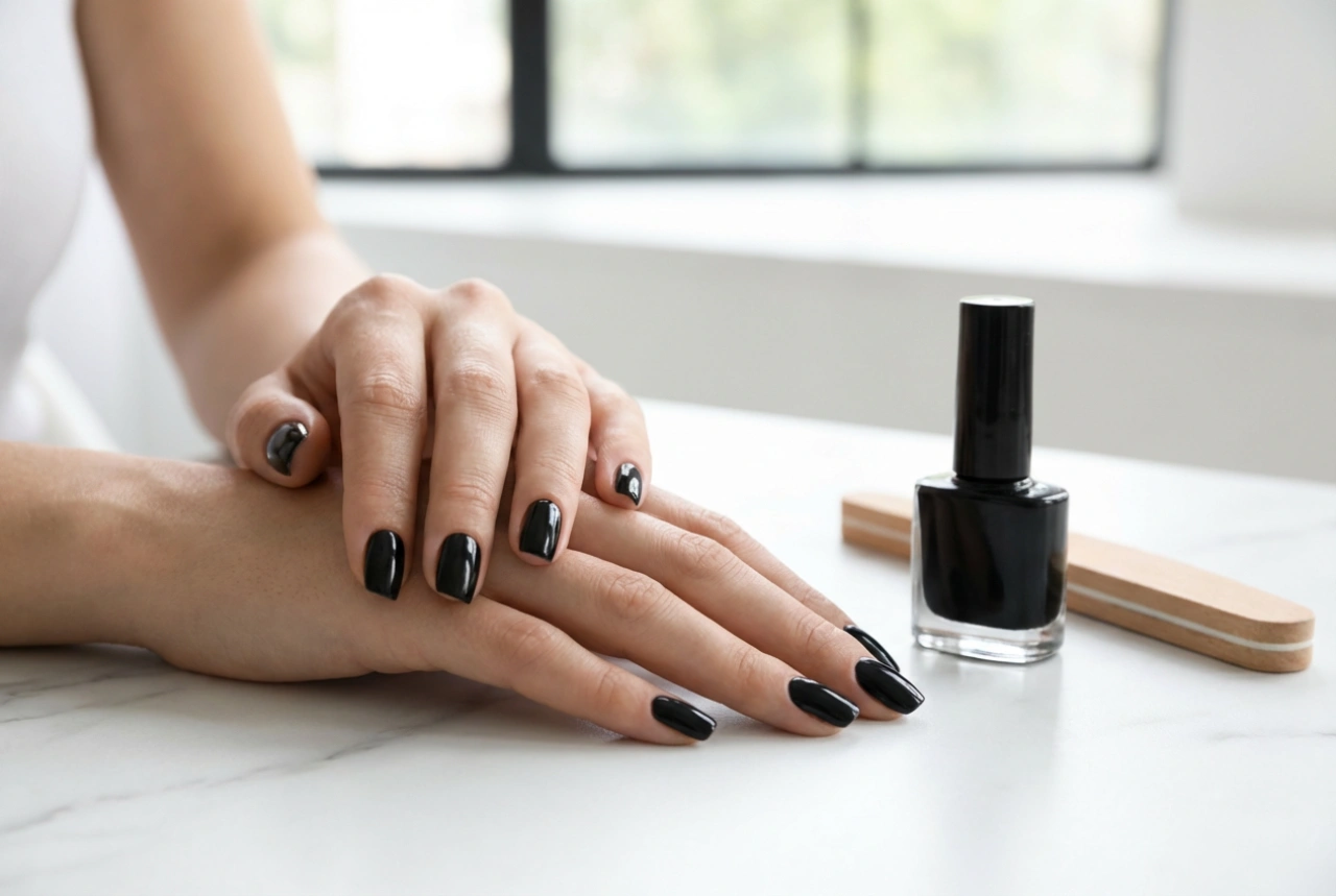Esmalte de uñas semipermanente negro sin rayas: preparación de la uña y dos capas
