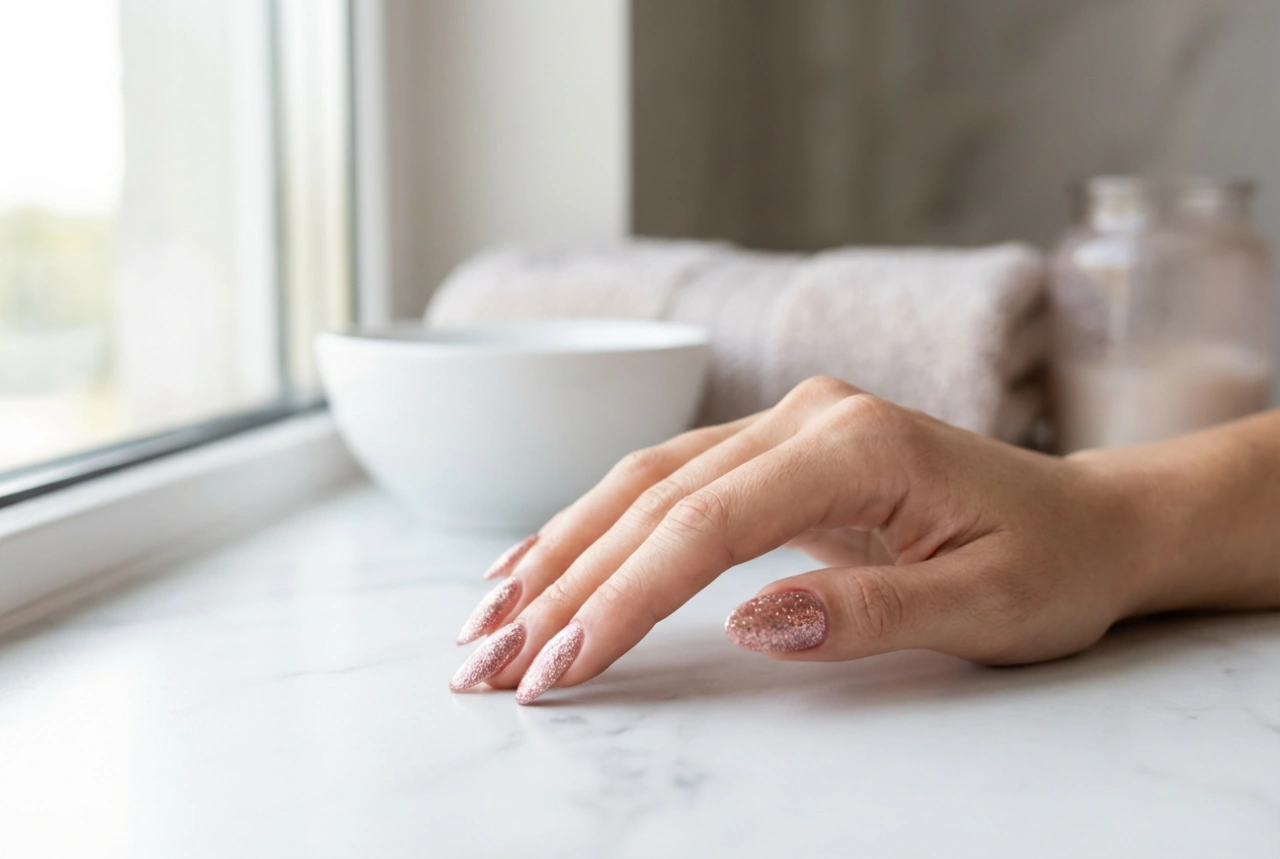 Esmalte de uñas híbrido con purpurina: cobertura uniforme, superficie lisa y durabilidad