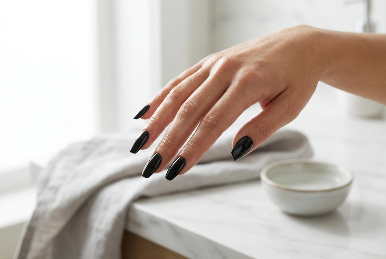 Esmalte semipermanente negro sin marcas: preparación, capas y top coat