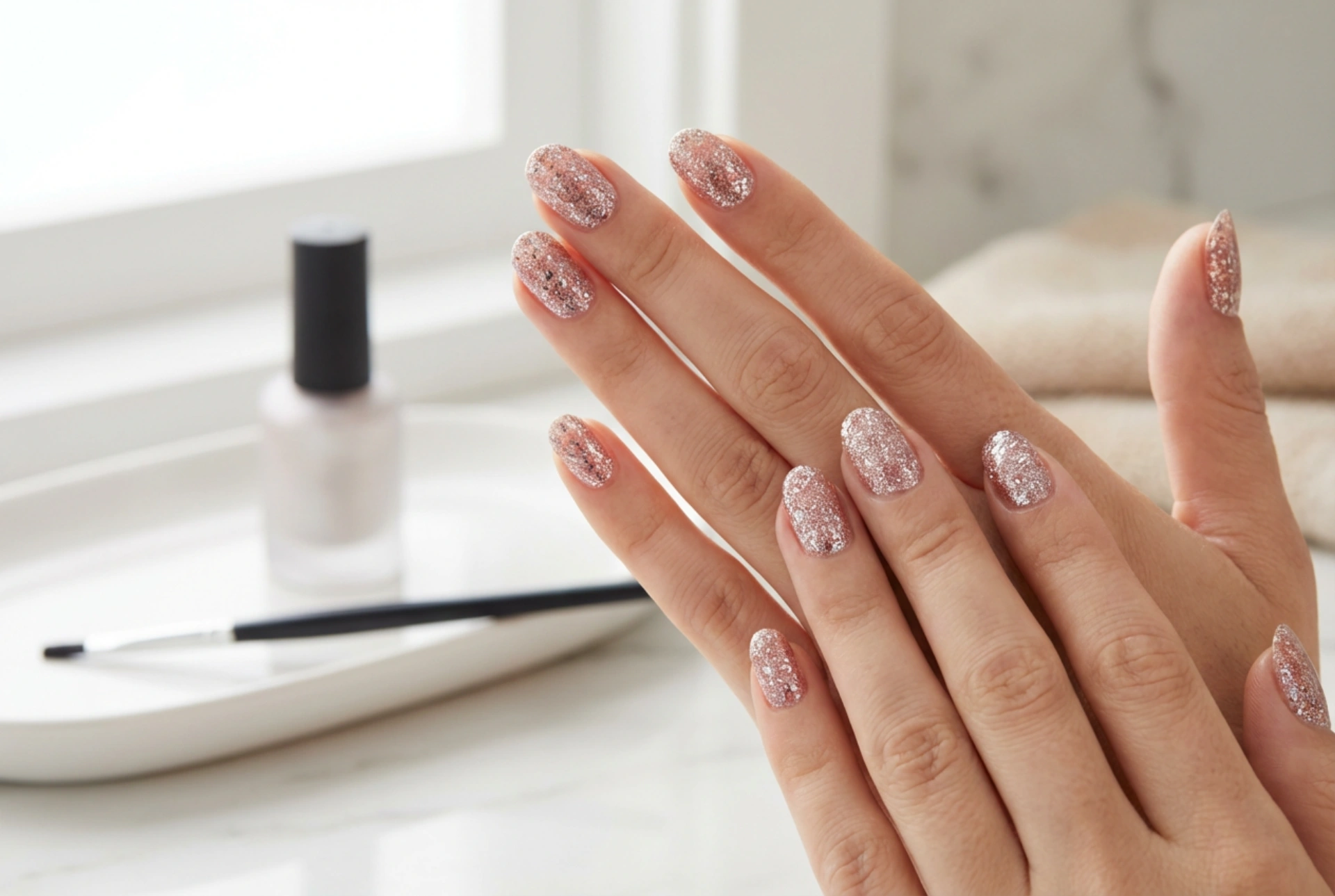 Esmaltes semipermanentes con purpurina: aplicación uniforme y acabado liso