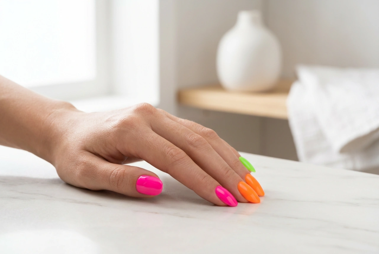 Esmalte de uñas híbrido neón: cobertura intensa y protección del color