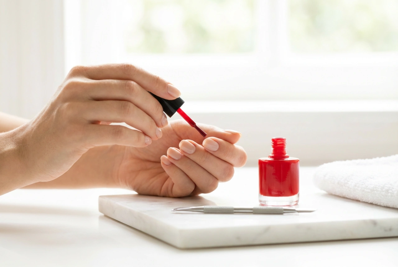 Esmalte de uñas rojo: contornos limpios, preparación y aplicación con pincel