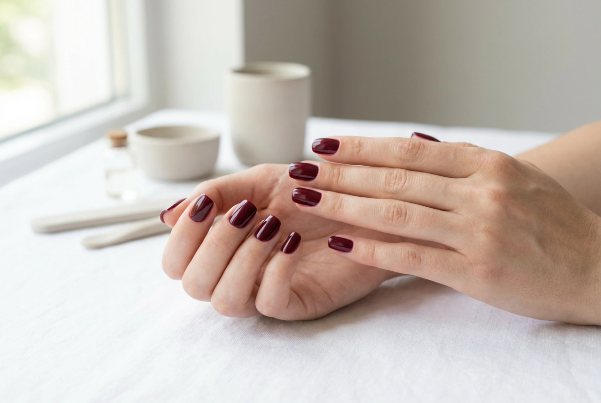 Esmalte semipermanente burdeos sin manchas: aplicación por capas y bordes limpios