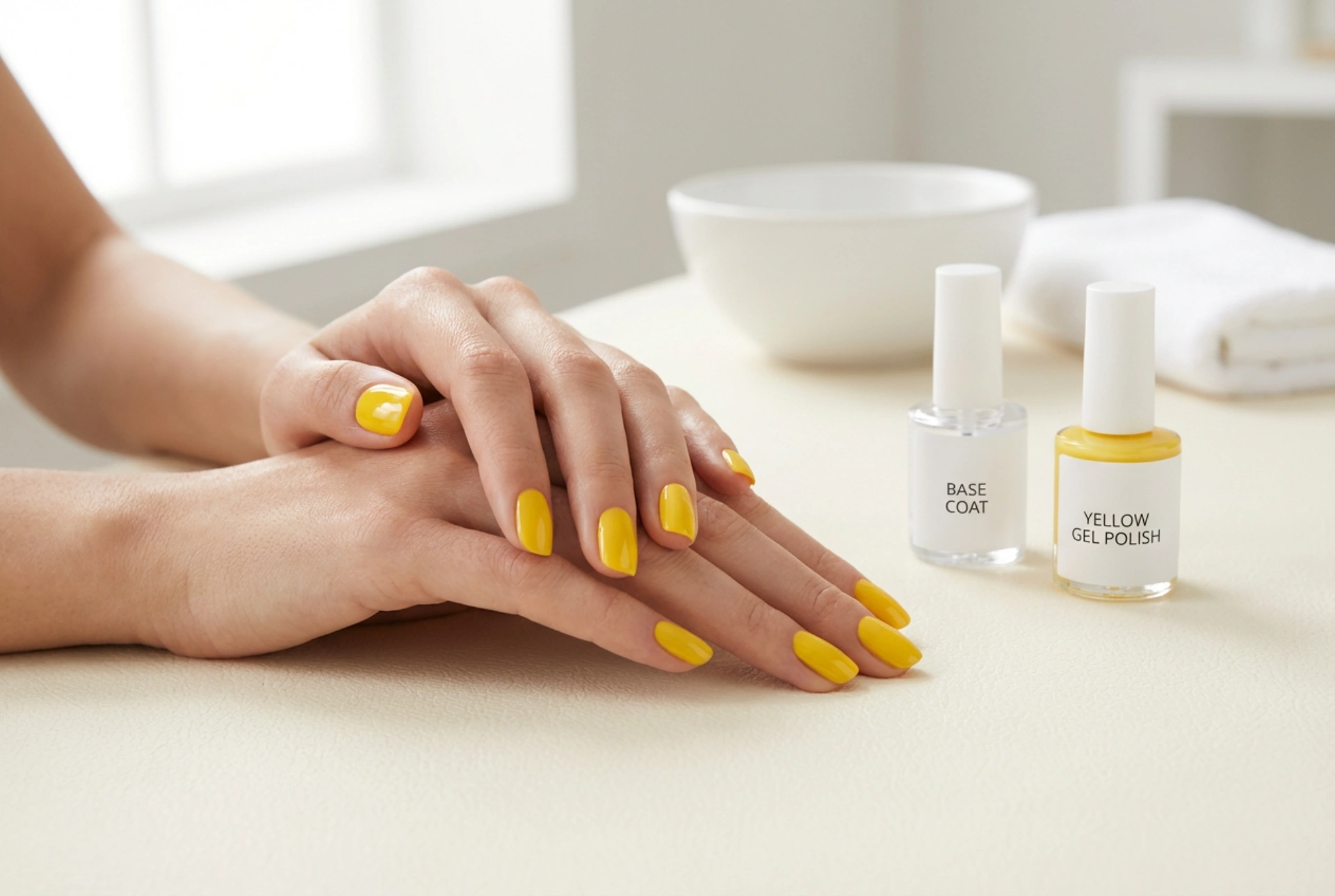 Esmalte de gel amarillo sin rayas: base para el color y capas finas