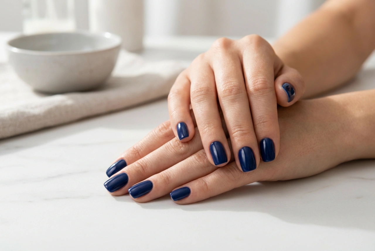 Esmalte semipermanente azul marino: cobertura profunda sin tocar las cutículas