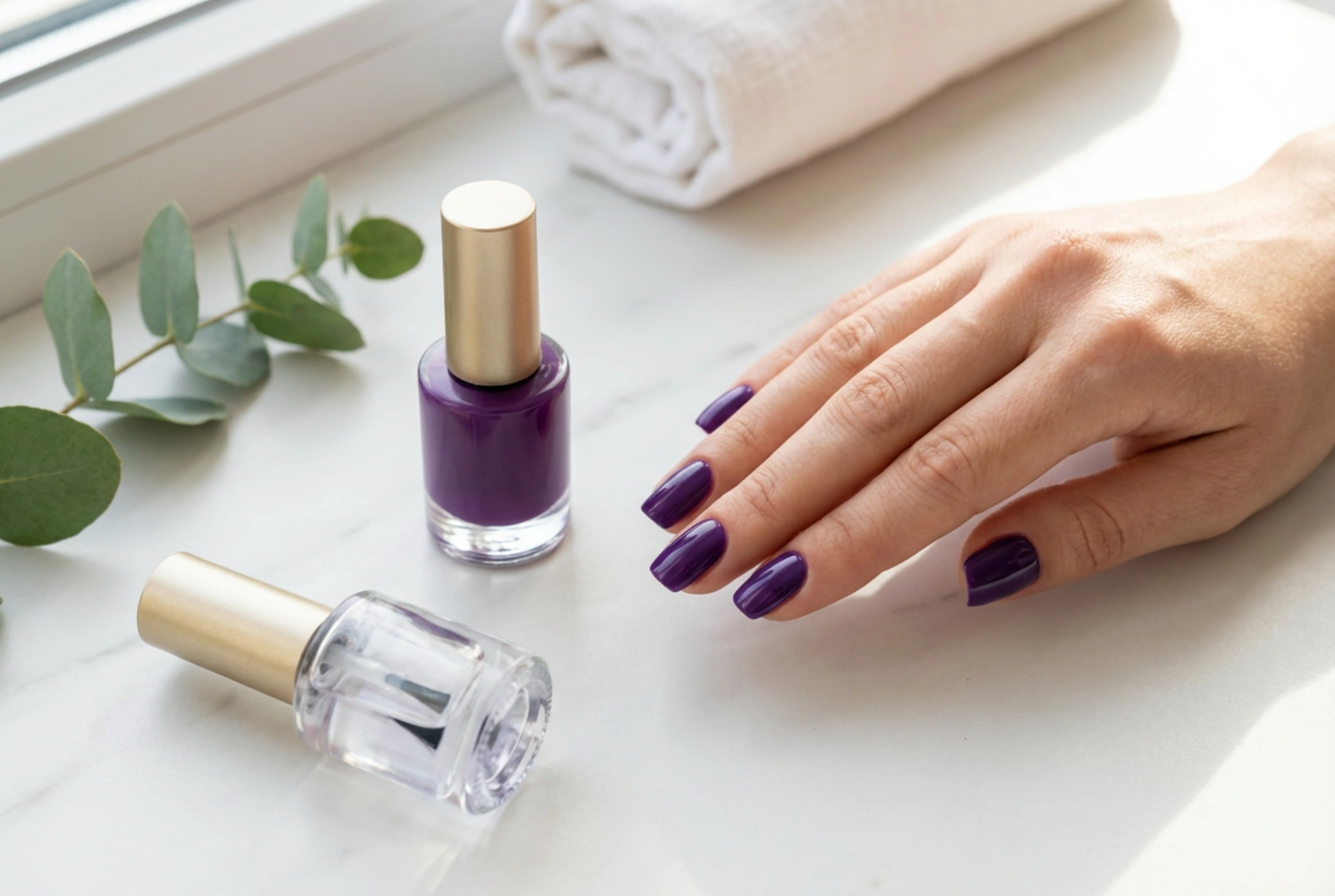 Esmalte de uñas semipermanente morado: base para el color y un brillo uniforme