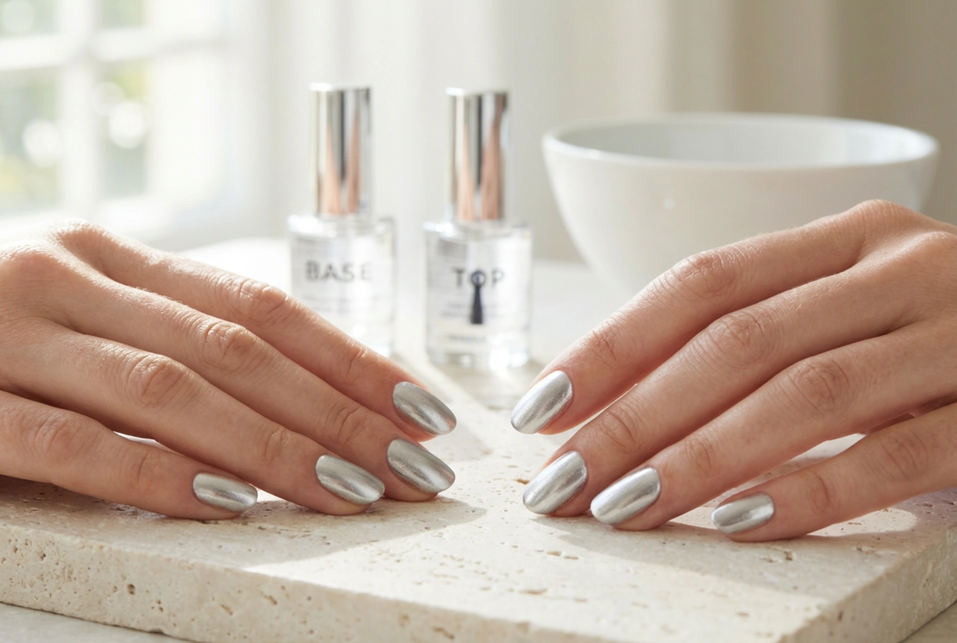 Esmalte de uñas plateado sin rayas: base, capas finas y top coat