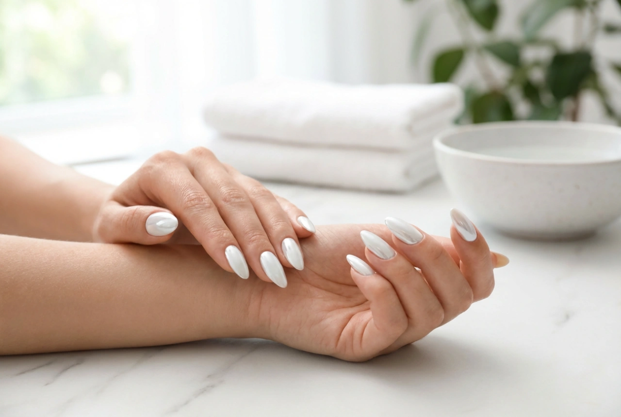 Uñas blancas con polvo efecto espejo: brillo perlado sobre una base clara paso a paso