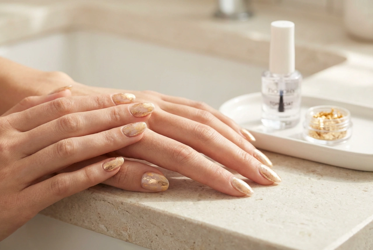 Oro en las uñas: cómo lograr el efecto, adhesivos y protección con top coat