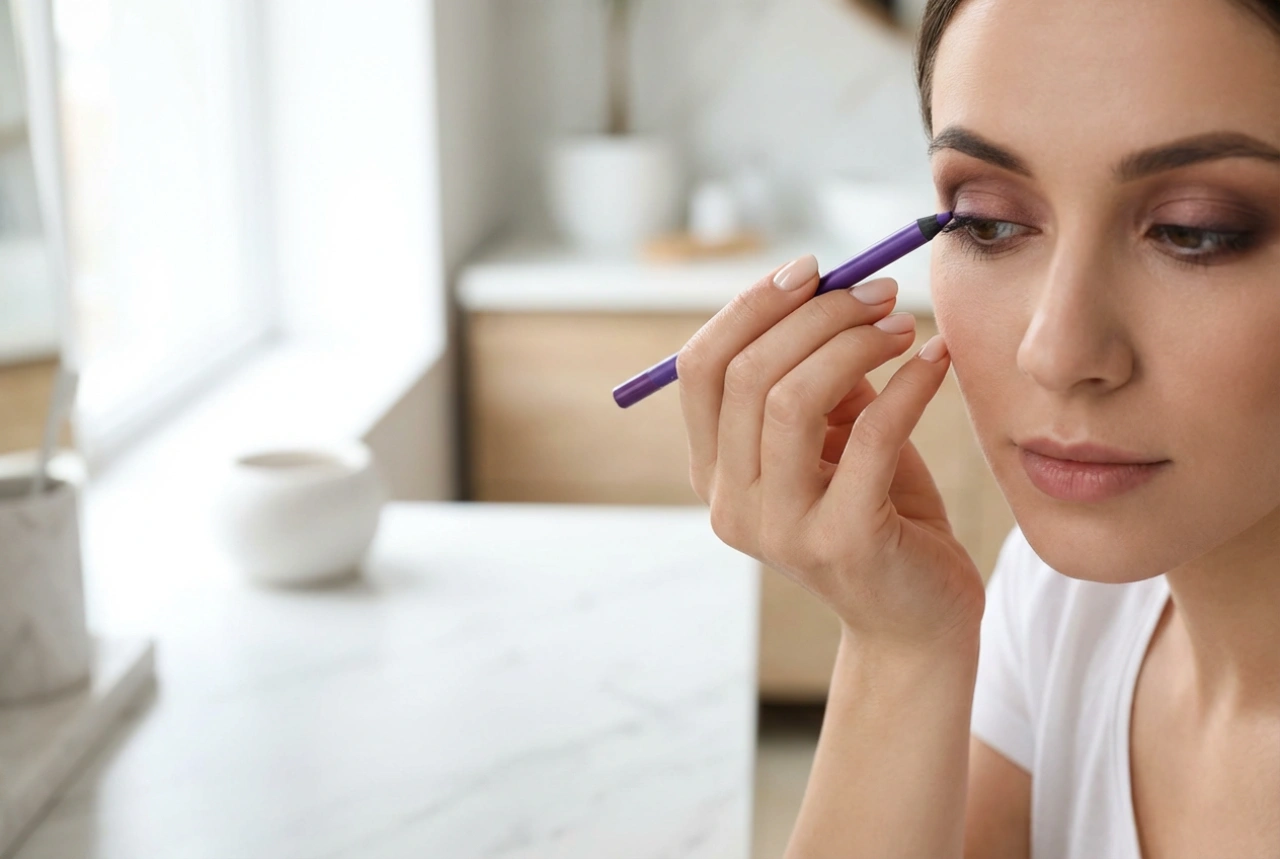Lápiz de ojos morado: tonos rejuvenecedores, líneas suaves y combinaciones con marrones
