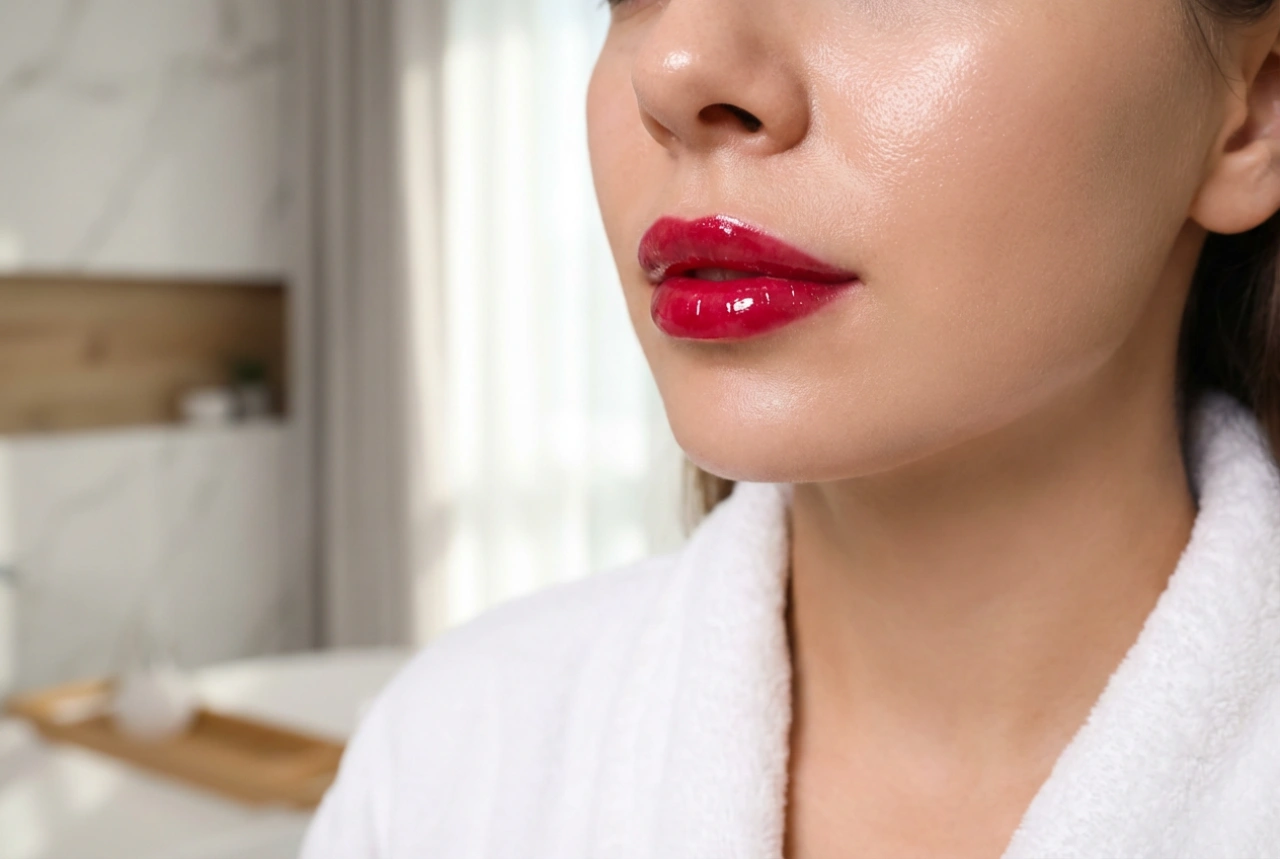 Brillo de labios rojo: labios rojos luminosos sin perfilador